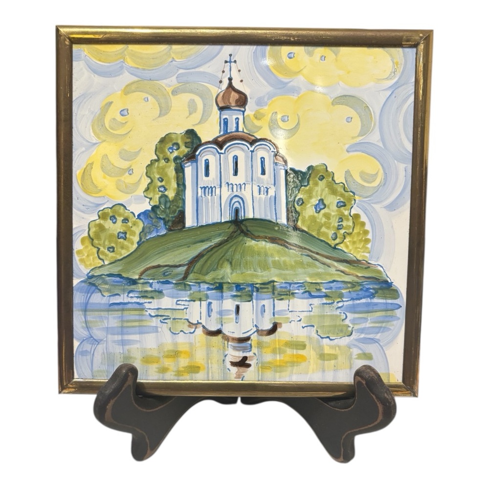 Russian (FINIFT) Vintage Hand-Painted Ceramic Tile Folk Art design from 80’s
